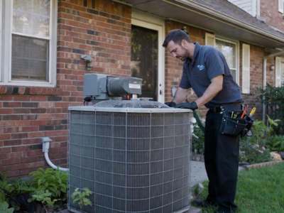 HVAC Technician installing an AC unit.